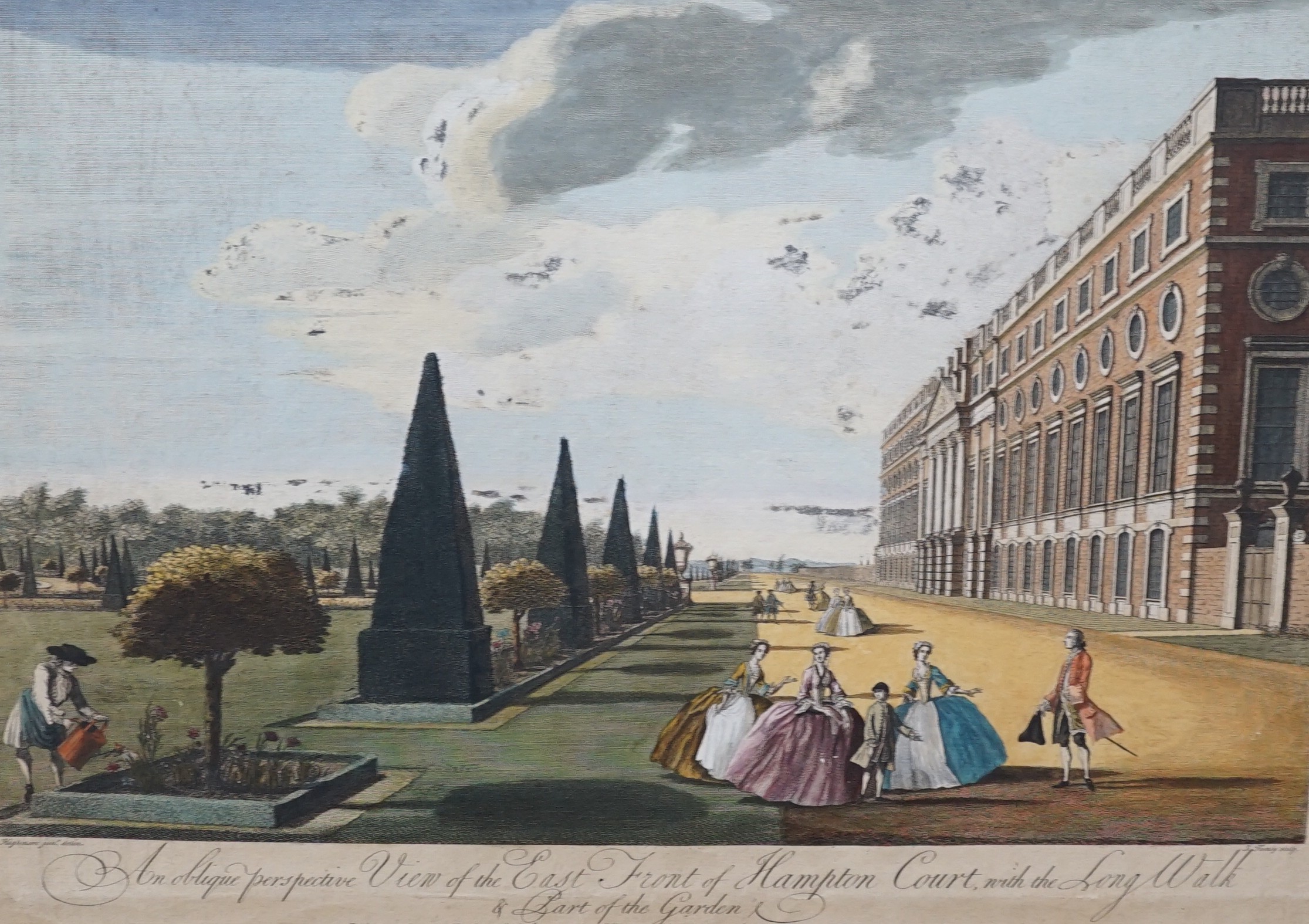 Tinney after Anthony Highmore (1718-1799), set of three hand coloured engravings, Views of Hampton Court, 1744, 35 x 49cm